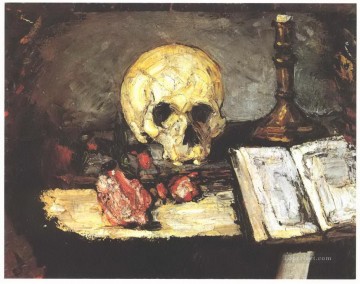 印象派の静物画 Painting - スカルキャンドルと本のある静物画 ポール・セザンヌ